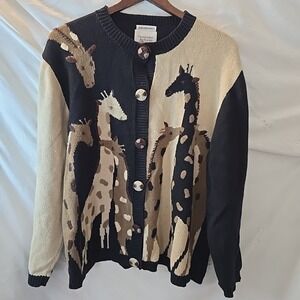 Vtg Christopher & Banks Hand Embroidered Cardigan Sweater Giraffe Motif Sz XL